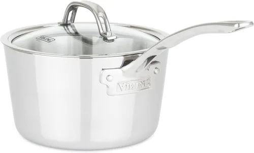 Viking Culinary - Cacerola contemporánea de acero inoxidable de 3 capas, 3.4 cuartos de galón, incluye tapa de vidrio, lavavajillas, apta para