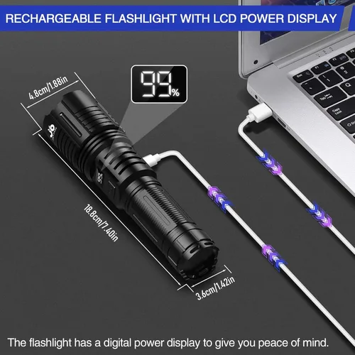Miniatura 4 de JAY-PARK Flashlight Rechargeable 10000 Lumens, LED Flashlights High Lumens with 10800mAh Battery and LCD Power Display, Zoomable, 5 Lighting Modes