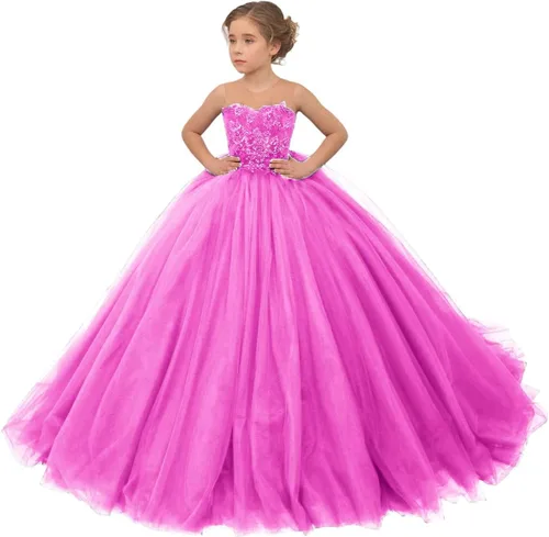 Miniatura 8 de Precioso vestido de niña de flores de tul para niños de boda con cuentas princesa sin mangas vestidos de baile