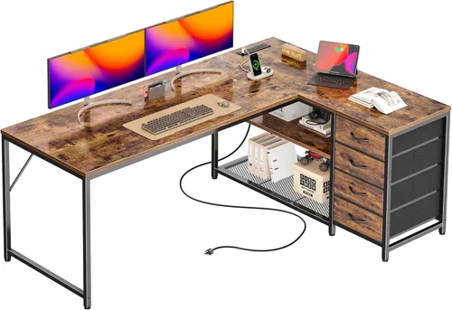 Miniatura 18 de PRAISUN Escritorio en forma de L de 53" con tomas de corriente y puerto USB-C, escritorio reversible de esquina para computadora de oficina con 4