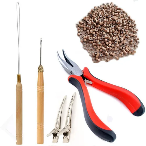 Kit de herramientas de extensiones de cabello, 500 piezas de cuentas de microanillo, 1 alicates de extensión de cabello, 1 aguja de gancho, 1 lazo