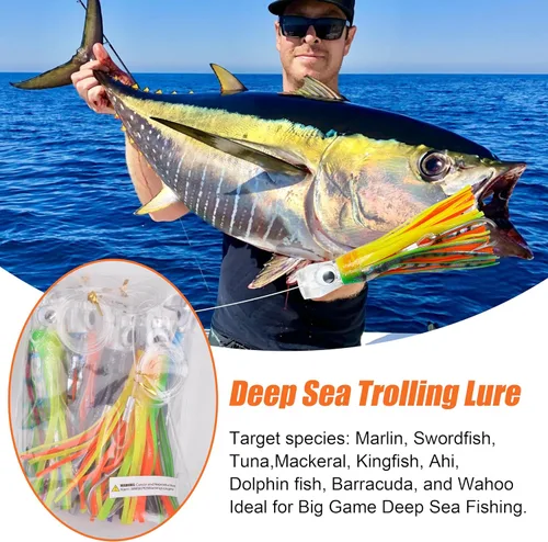 Miniatura 6 de Señuelos de arrastre de agua salada, señuelos de pesca de 6/9 pulgadas en alta mar para atún Marlin Mahi Wahoo Cebo de pesca en mar profundo, Mezcla