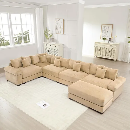 Miniatura 73 de Sofá modular de gran tamaño de 117.3 pulgadas, sofás modulares grandes de pana para sala de estar, sofás de 3 plazas, moderno juego de sofá de Blanco