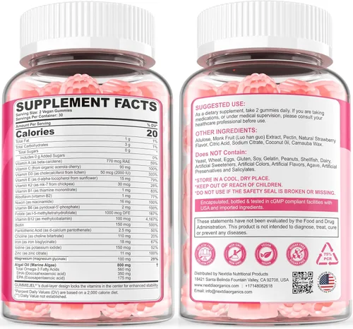 Miniatura 9 de Vitaminas prenatales para mujeres, gomitas de metilfolato, 1 mg, Omega 3 DHA vegano de 800 mg, hierro, colina, yodo, vitamina D3 B6 B12