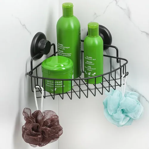HASKO accessories Organizador de ducha de esquina con ventosa con ganchos, organizador de baño de acero inoxidable, cesta de ducha montada en la