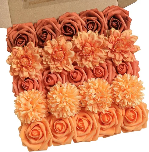 Miniatura 17 de rongflower Flores artificiales de aspecto real, color rosa polvoriento, rosas falsas de espuma con tallos, 25 piezas para bricolaje, bodas, Rosa