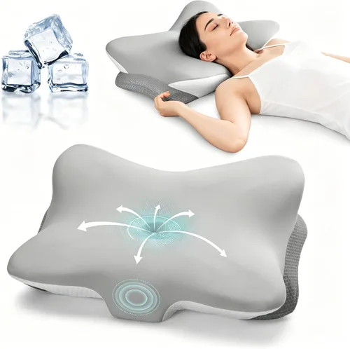 Miniatura 9 de Almohada cervical para soporte de cuello y hombros, almohadas ergonómicas de contorno de espuma viscoelástica con doble altura ajustable y funda Azul