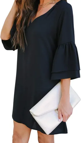 Miniatura 2 de BELONGSCI Vestido de verano 2024 para mujer, dulce y lindo, con cuello en V, manga acampanada, mini vestido, perfecto para bodas o graduaciones