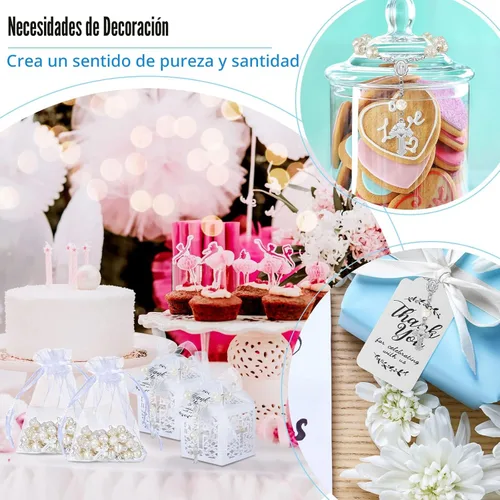 Miniatura 6 de El juego de 100 recuerdos de bautismo incluye 25 piezas de mini rosario, cajas de regalo de bautismo cortadas con láser, bolsas de organza blanca