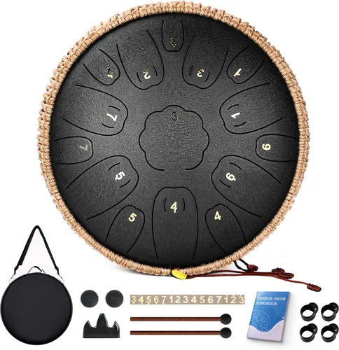 Miniatura 11 de Tambor de Lengua de Acero - 15 Notas Tambor de Acero - Instrumento de Tambor Handpan de 14 Pulgadas con Libro de Música, Mazos para Instrumentos