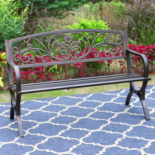 Miniatura 12 de MFSTUDIO Banco de jardín al aire libre de 50 pulgadas, banco de hierro fundido con marco de metal con respaldo de patrón floral, patas de arco