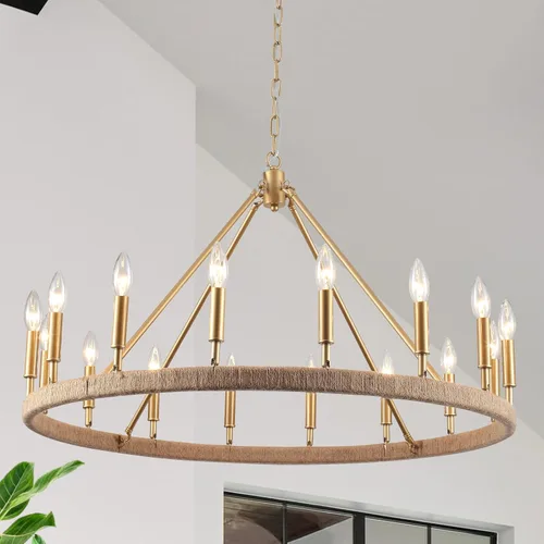 Miniatura 10 de Candelabro de Granja para Comedor de 5 Luces Negro Rústico de Tambor Candelabros de 20" Textura de Madera Lámpara Colgante Ajustable para Isla