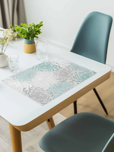 Miniatura 6 de Juego de 4 manteles individuales para mesa de comedor, diseño de crisantemo, color aguamarina, lino de algodón, impermeable, fácil de limpiar