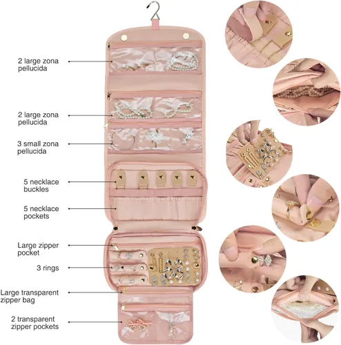 Miniatura 2 de Rollo organizador de joyas de viaje con bolsillos con cremallera, bolsa grande para colgar, para anillos, aretes, collares, pulseras, broches, bolsa