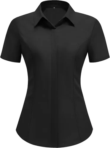 Miniatura 4 de HOTOUCH Camisas de manga corta con botones para mujer, blusa con cuello ajustado, blusa básica de verano para oficina, tallas S-2XL
