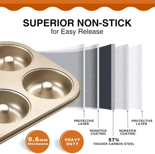 Miniatura 8 de HONGBAKE Moldes antiadherentes para hornear, paquete de 2 bandejas de donas profundas mejoradas de 6 cavidades, molde de bagel resistente para Dorado