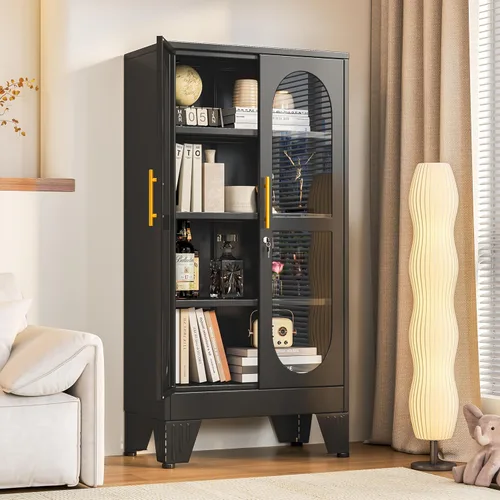 PAOFIN Vitrina de Exhibición con Cerradura de 47" de Alto con Puerta de Vidrio, Gabinetes de Metal con 3 Estantes Ajustables, Gabinete Vitrina para