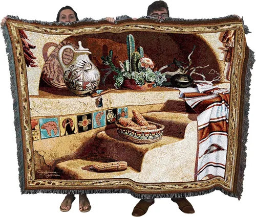 Adobe Dreams Manta – Arte de cerámica del suroeste Pueblo – Manta de tapiz de regalo tejida de algodón – Fabricado en los Estados Unidos (72 x 54