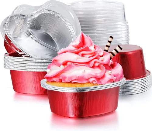 Miniatura 10 de Molde de aluminio para tartas en forma de corazón con tapas, 3.4 fl oz/3.4 onzas, mini taza desechable para magdalenas, tazas para hornear para San