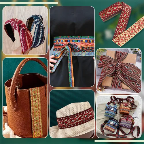 Miniatura 6 de PH PandaHall Cinta jacquard bohemia de 7.66 yardas, 2 pulgadas/2.0 in, rombos bordados, estilo étnico, cintas de poliéster con flecos para coser