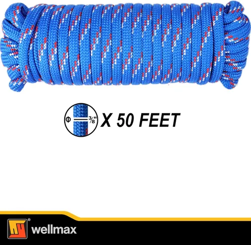 Miniatura 4 de Wellmax Cuerda de nailon trenzado de diamante, 3/8 pulgadas por 50 pies, color azul, extra fuerte, resistente a la luz solar y a la intemperie
