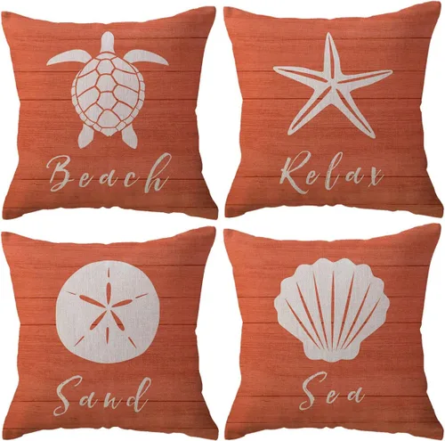 ULOVE LOVE YOURSELF Juego de 4 fundas de almohada de playa costera de 18 x 18 pulgadas, juego de 4 fundas de cojín decorativas con diseño de Naranja