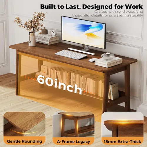 Miniatura 6 de 63" Solid Wood Office Desk, Mid-Century Modern Home Office Computer Desk with Storage Shelf, Large 2-Person Writing Study Table Workstation, Walnut