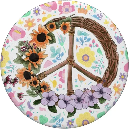 Miniatura 3 de Letrero de la paz de flores vintage – Retro de los 70 hippies Art Gift – PopSockets Grip y soporte para teléfonos y tabletas, Negro