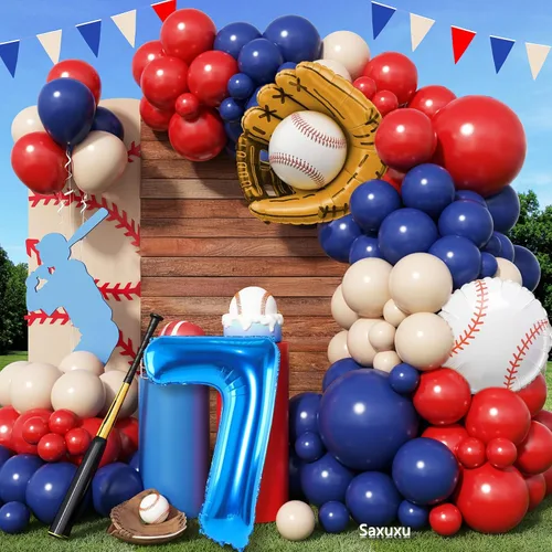 Arco de globos de béisbol con globo azul marino del número 7 de 40 pulgadas, decoraciones de fiesta de 7º cumpleaños para niños con guante de