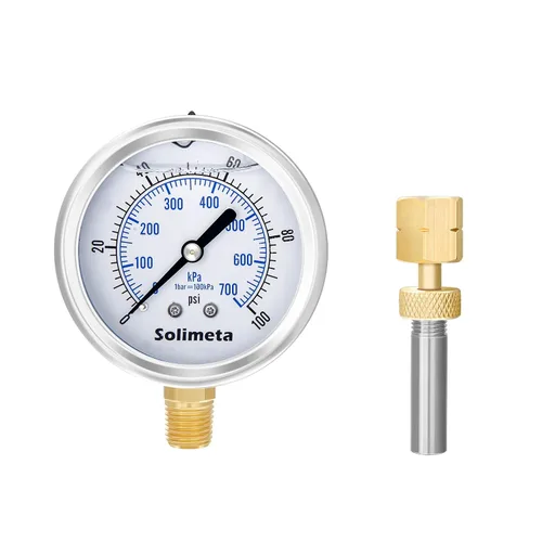 Tamaño del dial de 2-1/2", medidor de presión lleno de aceite, manómetro de presión de 100psi, montaje inferior NPT de 1/4", con tapón de prueba de