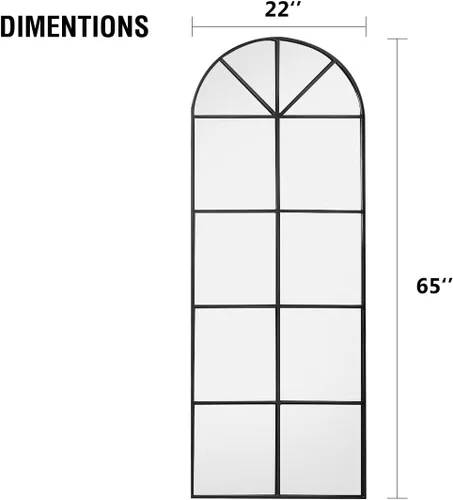 Miniatura 8 de OGCAU Espejo de Piso Arqueado de Cuerpo Entero, 65"x22" Diseño de Panel de Ventana, Decorativo para Colgar o Apoyar, Cuerpo Completo con Marco