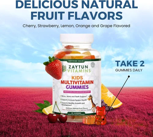 Miniatura 8 de Zaytun Vitaminas halal para niños, gomitas multivitamínicas, vitamina A, C, D, E, B6, B12, biotina, vegetariana, sin gelatina, sin gluten, sin