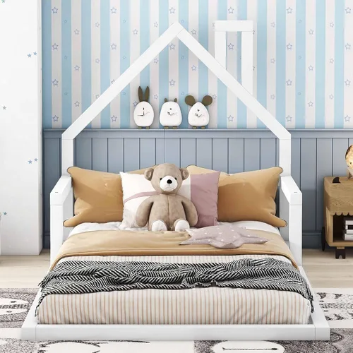 Miniatura 10 de Harper & Bright Designs Cama de piso de casa tamaño individual para niños con cabecero, listones de madera, no necesita somier, natural Natural Con