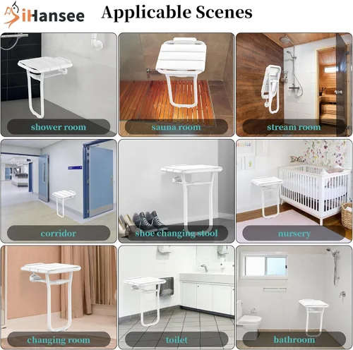 Miniatura 7 de Asiento de ducha plegable montado en la pared, capacidad de 500 libras, banco de ducha de acero inoxidable de 14 x 16 pulgadas con barra de agarre