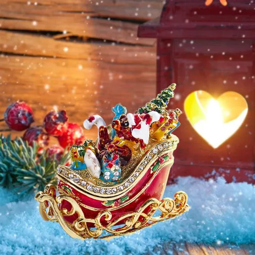 Miniatura 5 de YU FENG Caja de joyería de trineo de Navidad, caja de baratijas con bisagras coleccionables de diamantes de imitación pintados esmaltados esmaltados