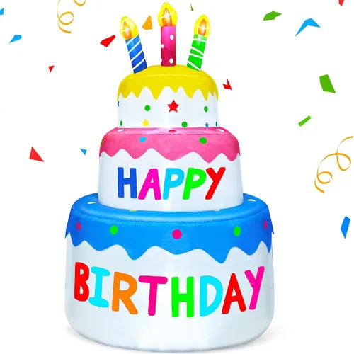 Miniatura 7 de Decoraciones inflables de pastel de cumpleaños feliz de 4 pies para exteriores con luces, decoración hinchable de fiesta de cumpleaños de días