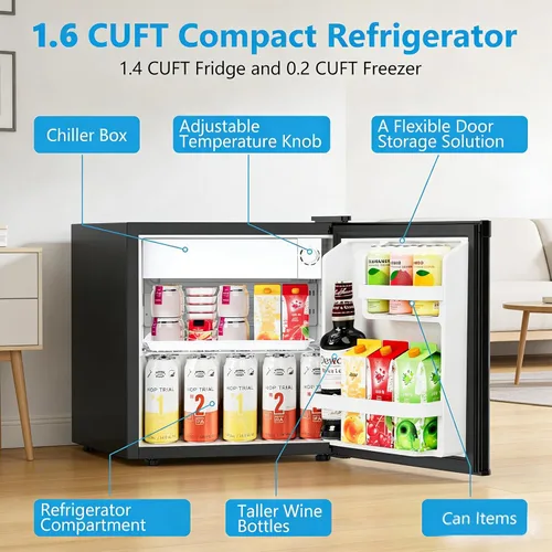 Miniatura 2 de Antarctic Star Mini refrigerador con congelador, capacidad 1.6 pies cúbicos, refrigerador vertical pequeño con estantes removibles, termostato de 7