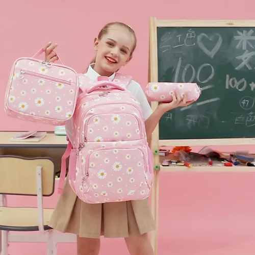 Miniatura 33 de goldwheat Mochilas impresas margaritas con paquete de almuerzo, estuche de lápices 3pcs, bolsa ligera resistente al agua para la escuela secundaria