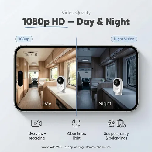 Miniatura 3 de Waggle Mini cámara RV – Cámara de seguridad inalámbrica HD de 1080p para caravanas – Tarjeta SD integrada (128 GB), audio bidireccional, visión