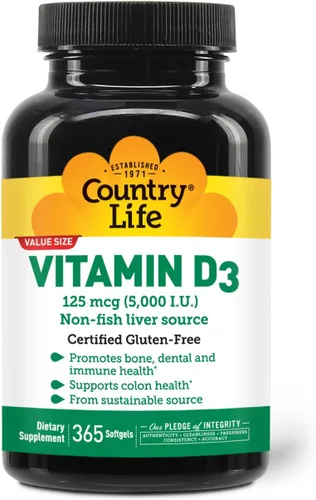 Country Life Vitamina D3 5000 UI – Alta potencia, fuente no pesquera, apoya la salud ósea, la función inmune y la absorción de calcio – 365 cápsulas