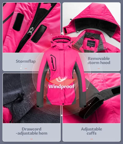 Miniatura 6 de CREATMO US Chaqueta de esquí impermeable de montaña para mujer, resistente al viento, chaqueta de snowboard cálida para invierno