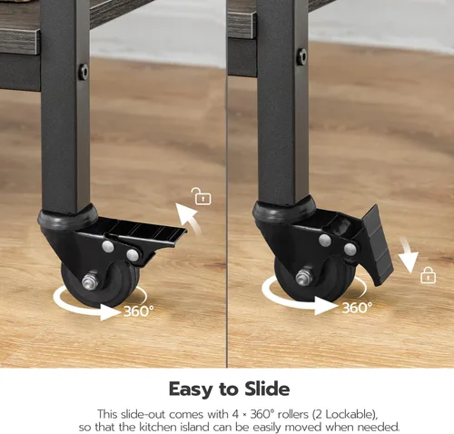 Miniatura 7 de HOOBRO Isla de cocina con almacenamiento, isla de cocina industrial sobre ruedas y recintos laterales, carrito de cocina de 3 niveles con estación
