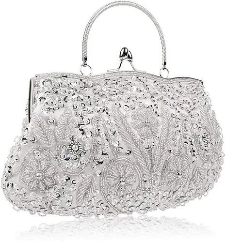 Miniatura 6 de Vistatroy Bolso de noche de diseño floral con cuentas con diseño de lentejuelas vintage cierre de beso bolso de mano de satén bolso de mano