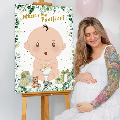 Miniatura 5 de Hxezoc Juegos de baby shower Pin The Chupete en el juego del bebé con 36 calcomanías para chupete, juegos de póster de bebé verde grande para fiesta