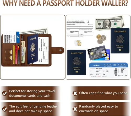 Miniatura 2 de Cartera de pasaporte de cuero genuino, Nuevo camello