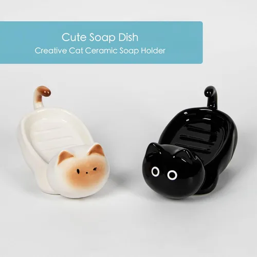 Miniatura 9 de Jabonera de cerámica para gatos, barra autodrenante para ducha, bandeja de jabón decorativa para lavabo de baño, encimera de cocina, bandeja Negro