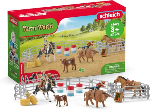 Miniatura 7 de Schleich Farm World - Juego de carreras de rodeo de 2 barriles, juego de carreras de rodeo con vaquera y caballo, juguetes y accesorios realistas