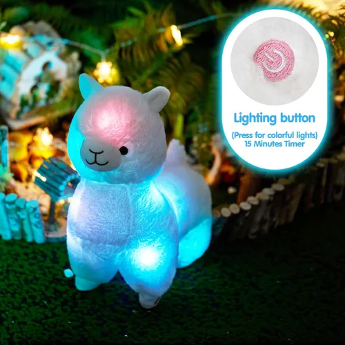 Miniatura 4 de BSTAOFY Animales de peluche de alpaca que se iluminan de 13.5 pulgadas, juguete de peluche suave de llama blanca con LED y luces nocturnas coloridas