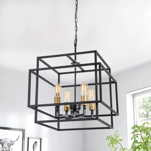 Miniatura 5 de Maxax Lámpara de araña cuadrada moderna, 4 luces colgantes de granja, para isla de cocina, comedor, dormitorio, sala de estar, acabado negro y dorado