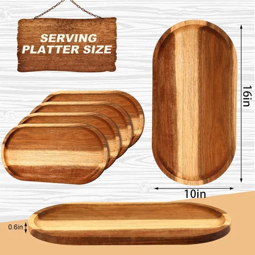 Miniatura 2 de Tanlade 4 bandejas de madera de 16 x 10 pulgadas, bandejas ovaladas de madera rústica para manualidades, gran fuente decorativa de madera para té